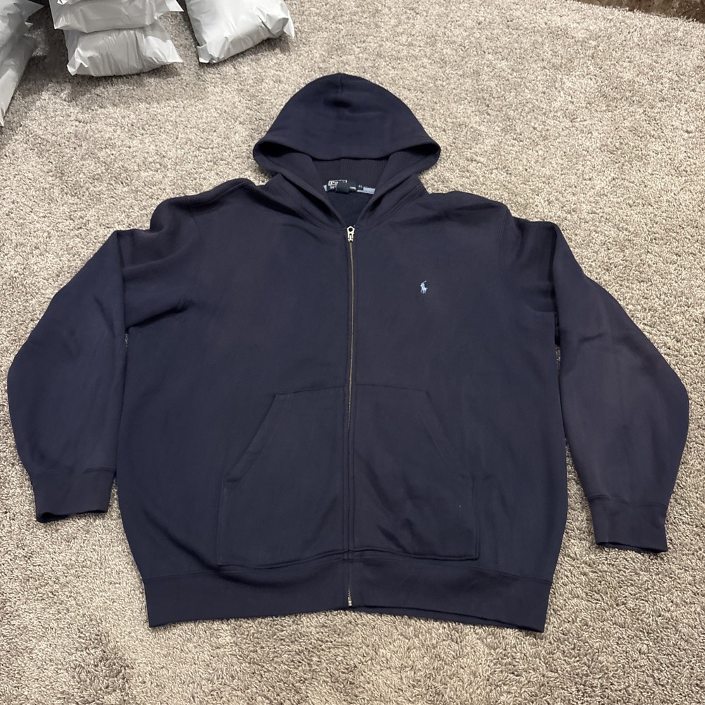 Vintage Polo Ralph Lauren Hoodie Thermal Hooded Sweatshirt Navy Blue Men Size XL
